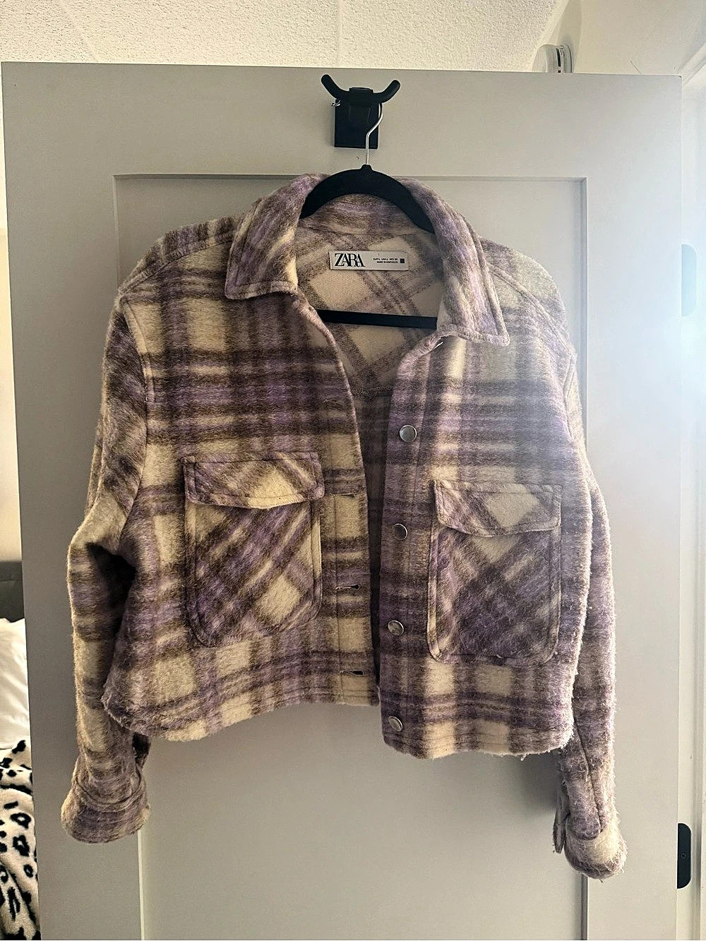 Zara Plaid Cropped Jacket in Purple & Cream Like New